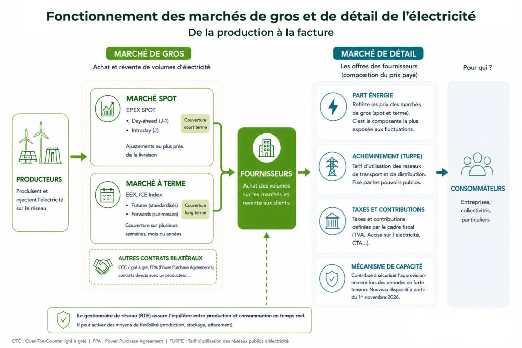 Fonctionnement des marchés de gros et de détail de l’électricité de la production à la facture